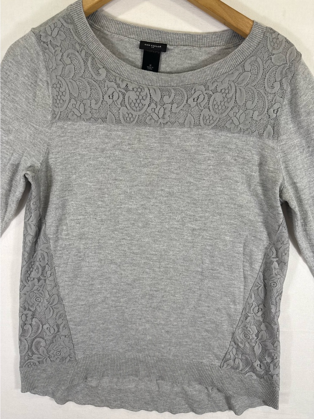 Ann Taylor Light Gray Lace-Panel Crewneck Top